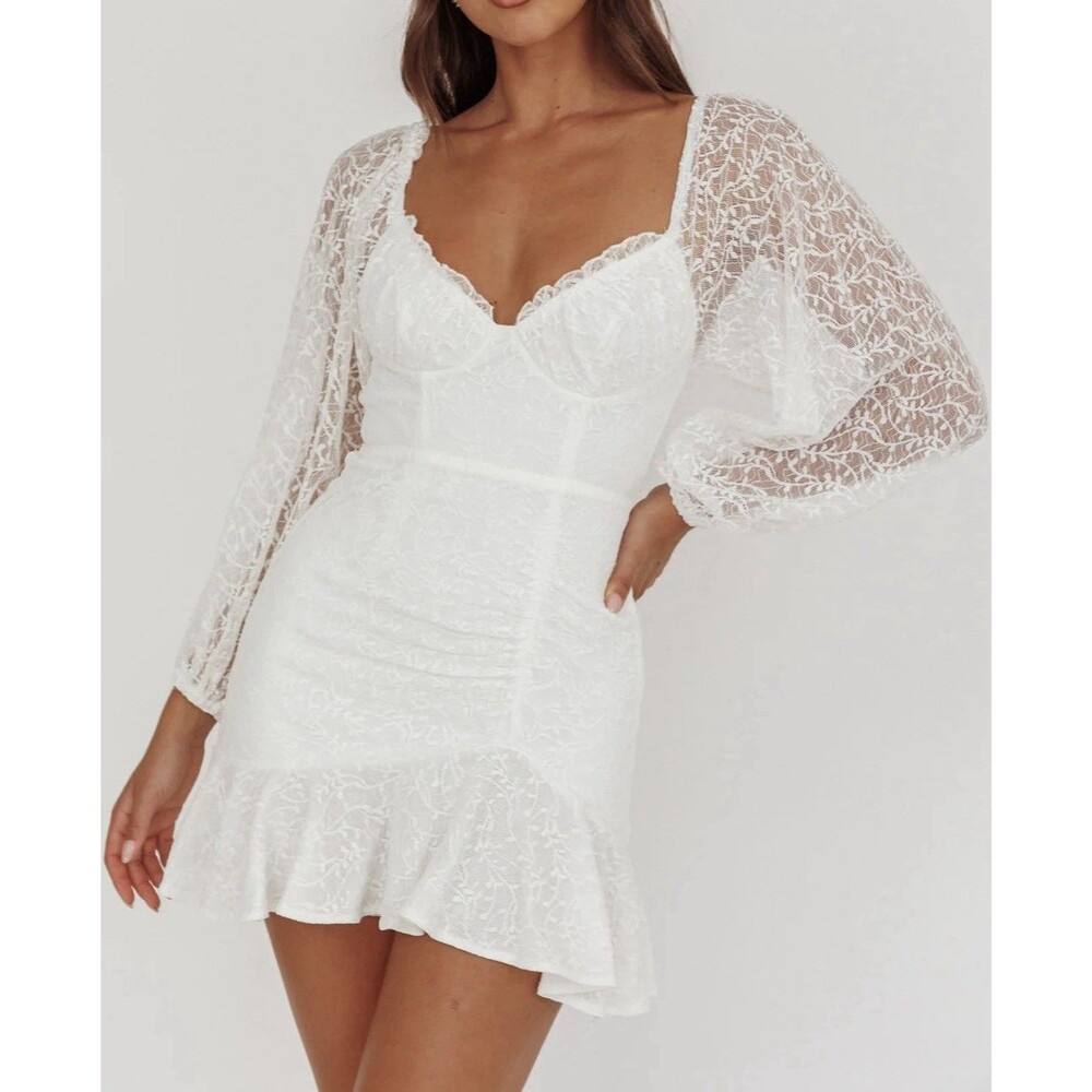 Selfie Leslie White Lace Sweetheart Balloon Sleeve Mini Dress S